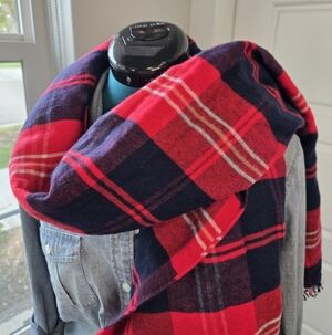LOFT OVERSIZE RED & BLUE PLAID BLANKET SCARF SHAWL WRAP COTTON BLEND WOMEN OS
